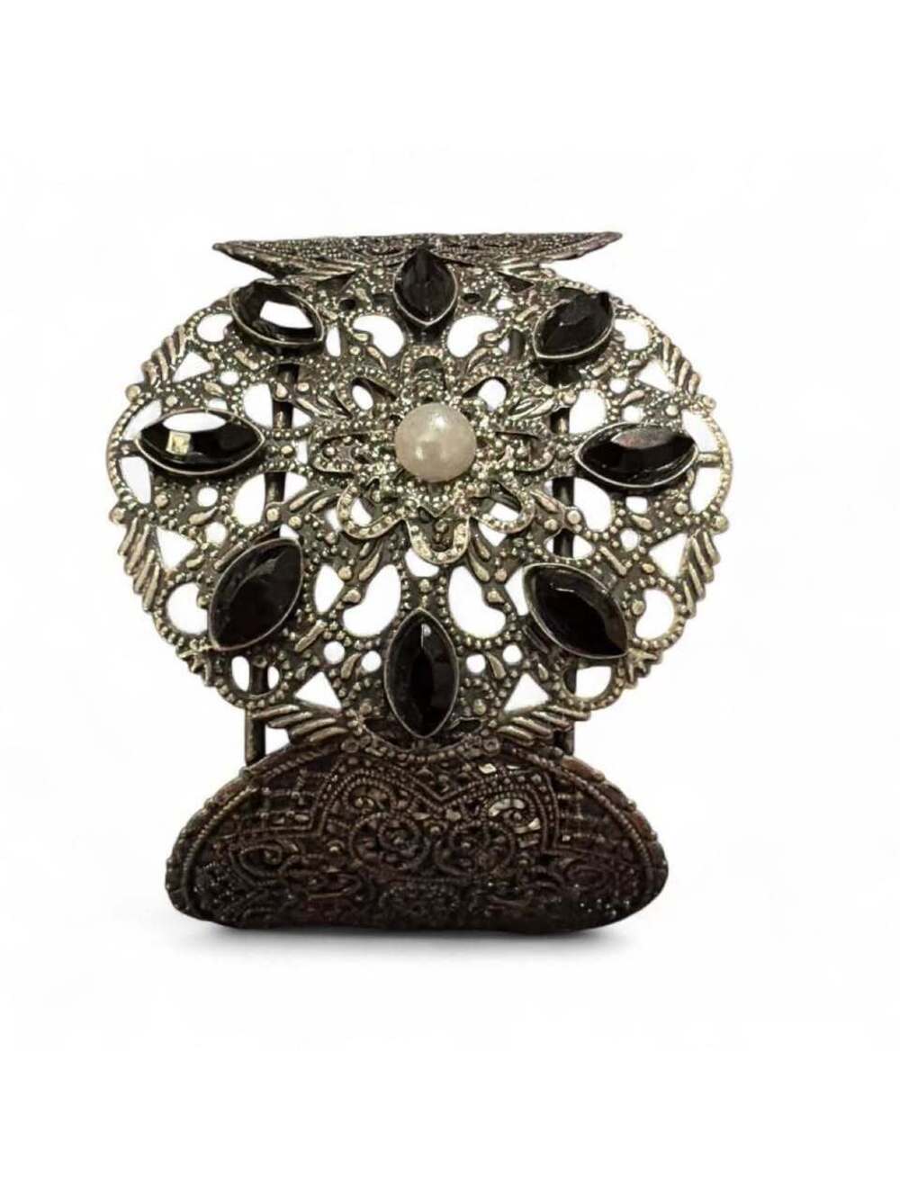 Vintage Silver Tone Filigree Cuff Bracelet with Black Stones